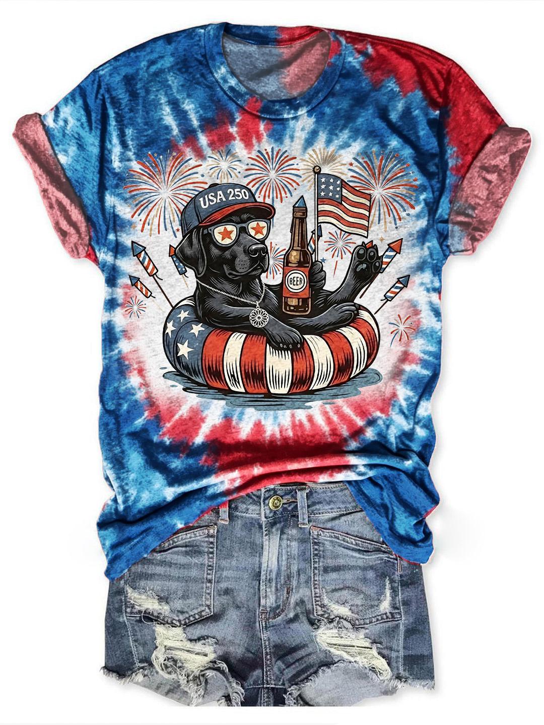 Women's Patriotic Black Dog USA 250 Anniversary Tie-Dye Crewneck Short-sleeved T-shirt