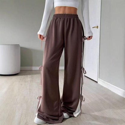 Women's Baggy Sweatpants Bow Tie Elastic Waist Casual Wide Leg Sports Pants with Pocket for Daily Running accepted