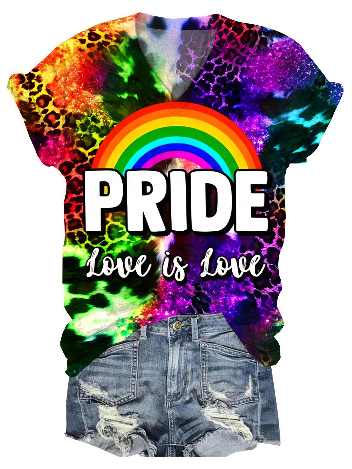Tie Dye Leopard Women Short Sleeve V Neck T-Shirt
