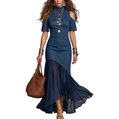 Womens Denim Dress Cold Shoulder Sheer Ruffle Long Jean Denim Summer Flowy Summer Sundresses for Daily Wear like-minded
