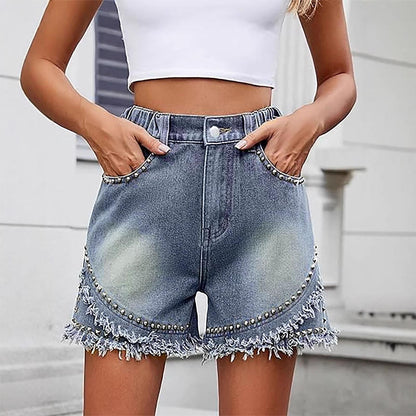 Womens High Waisted Jean Shorts Rivets Frayed Raw Hems Elastic Waist Denim Shorts Casual Hot Pants for Travel honest