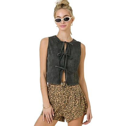 Tie Front Denim Vest Crew Neck Trendy Denim Vest Crop Sleeveless Tie Up Front Jean Top for Vacation Daily positive