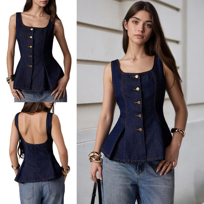 Women Denim Vest Open Back Button Front Denim Tank Top Sleeveless Ruffle Jean Vest for Travel Everyday Wear successful