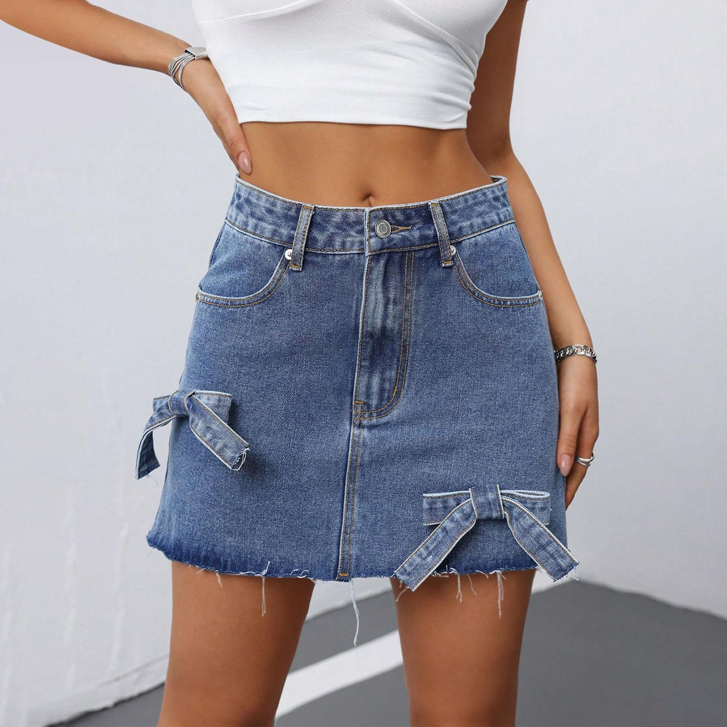 Denim Mini Skirt Front Bow Casual Middle Waist Womens Bodycon Denim Skirts with Pockets for Vacation Travel feasible