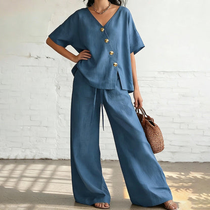 ⏰🔥LIMITED TIME 50% OFF! 💖 Women's Cozy & Elegant Metal Buttons Cotton-Linen Two-Piece Set