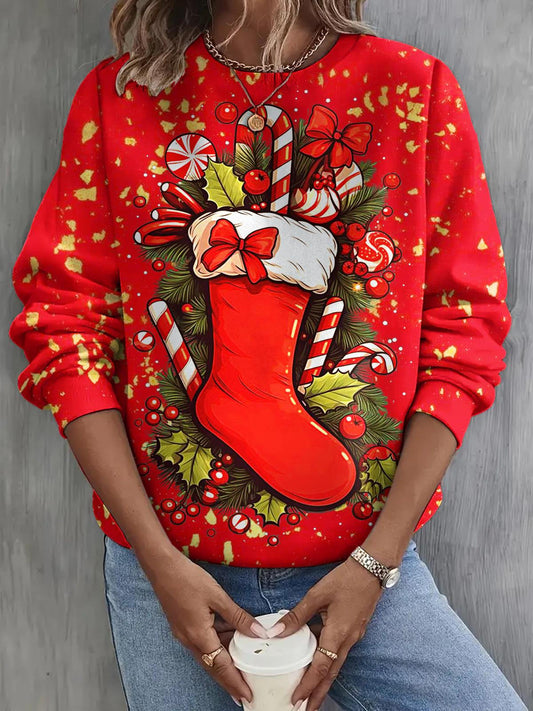 Cute Christmas Stocking Long Sleeve Casual Top