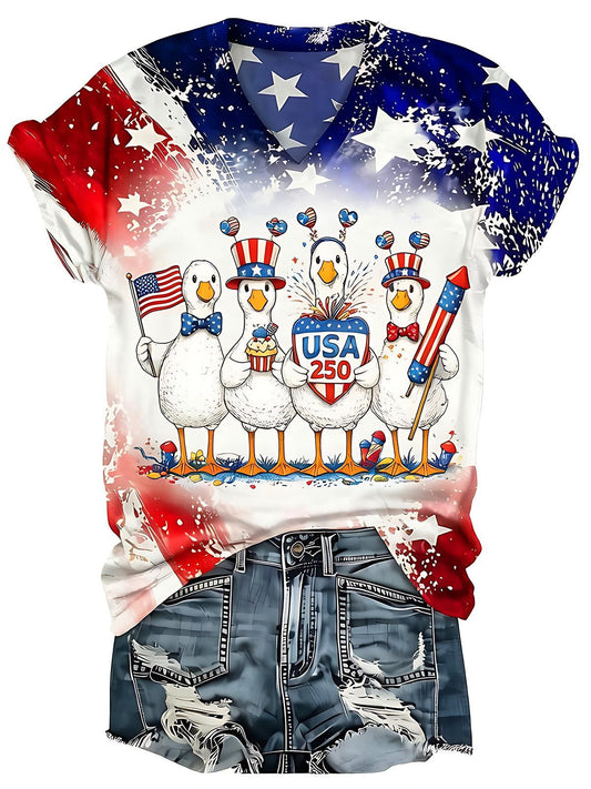 USA 250th Anniversary Independence Day Tie Dye Cartoon Duck Women Short Sleeve V Neck T-Shirt
