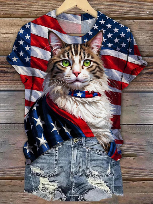 July 4th Cat Lovers Patriotic Flag Women Round Neck Short Sleeve T-shirt