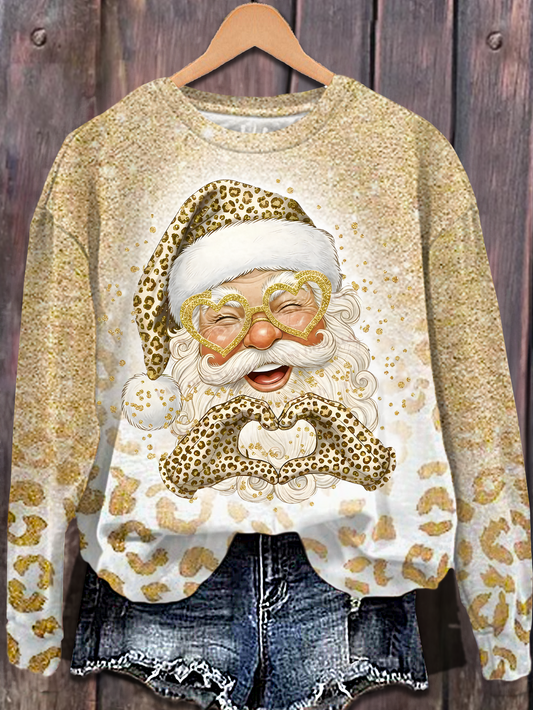 Leopard Print Santa Printed Long Sleeve Casual Top