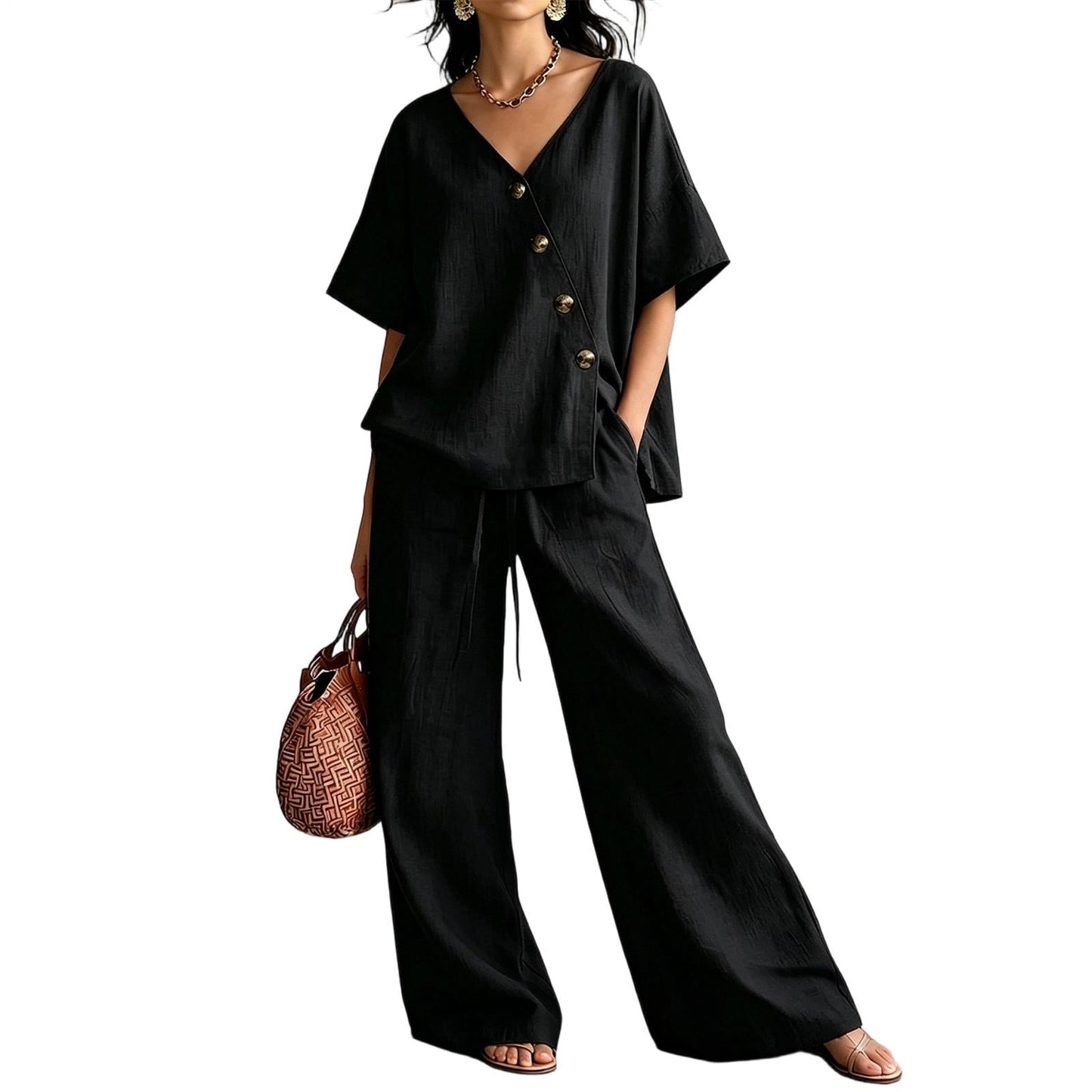 ⏰🔥LIMITED TIME 50% OFF! 💖 Women's Cozy & Elegant Metal Buttons Cotton-Linen Two-Piece Set