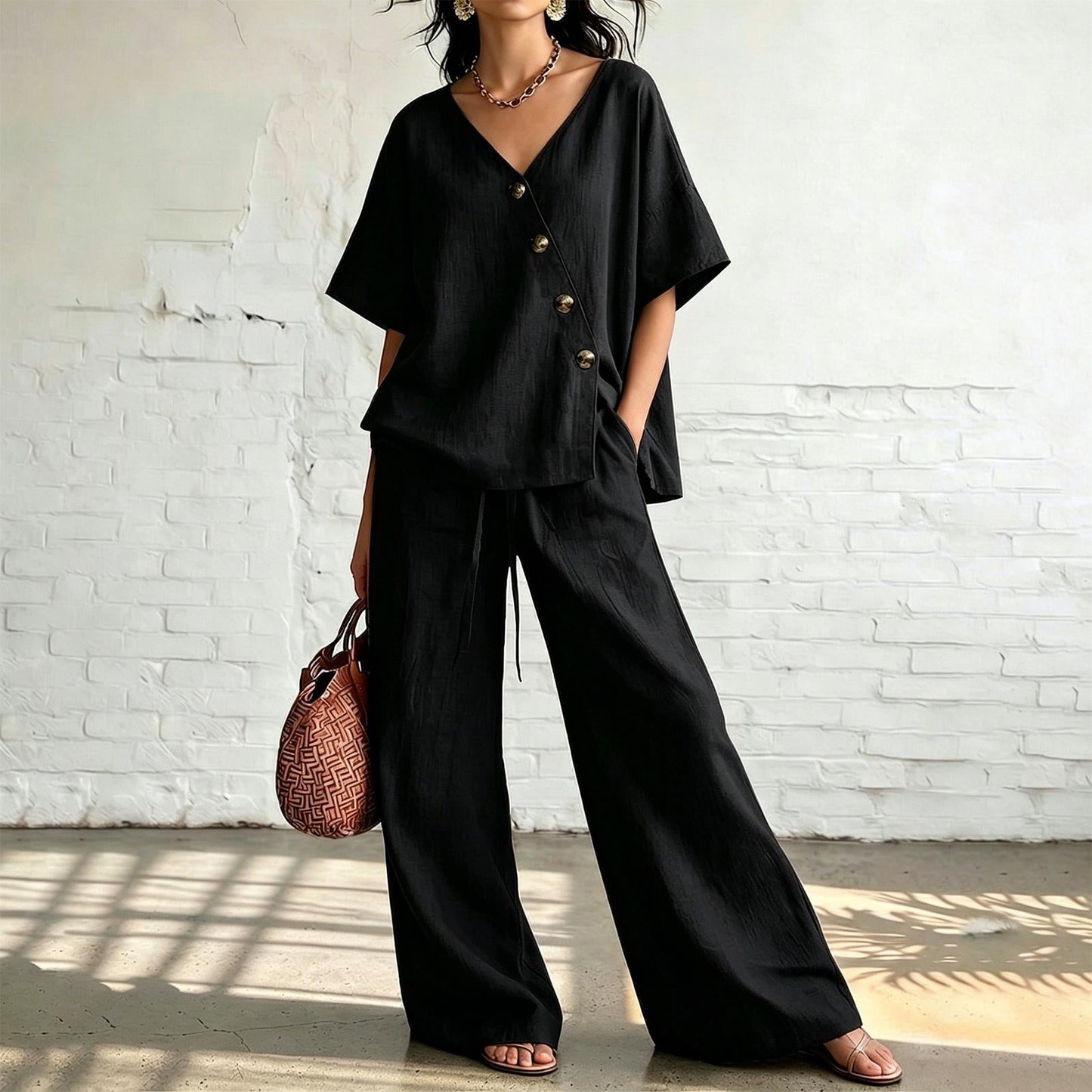 ⏰🔥LIMITED TIME 50% OFF! 💖 Women's Cozy & Elegant Metal Buttons Cotton-Linen Two-Piece Set