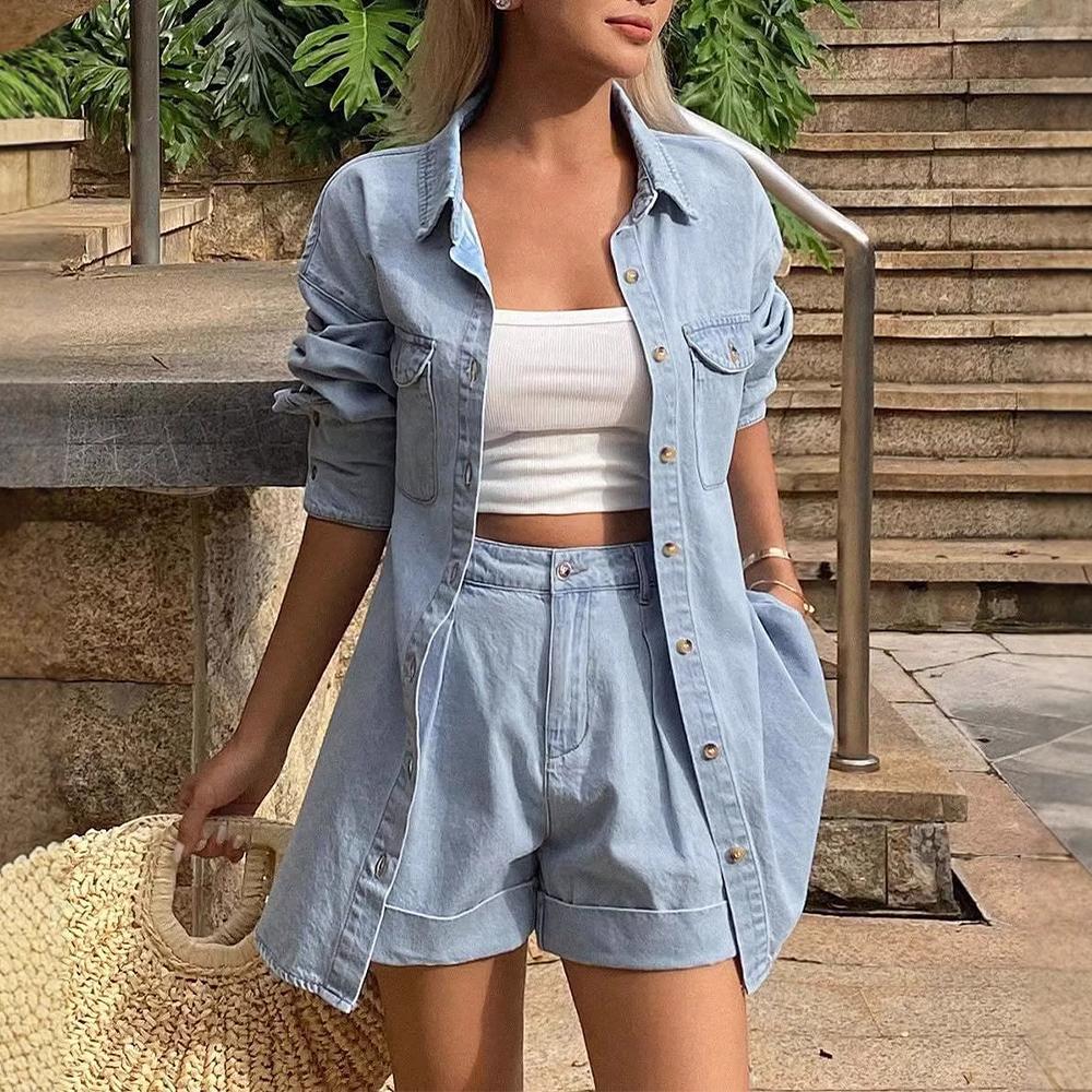 Womens Denim Set 2 Piece Button Up Shirt and Pleated Shorts Summer Jean Matching Set for Beach Streetwear present