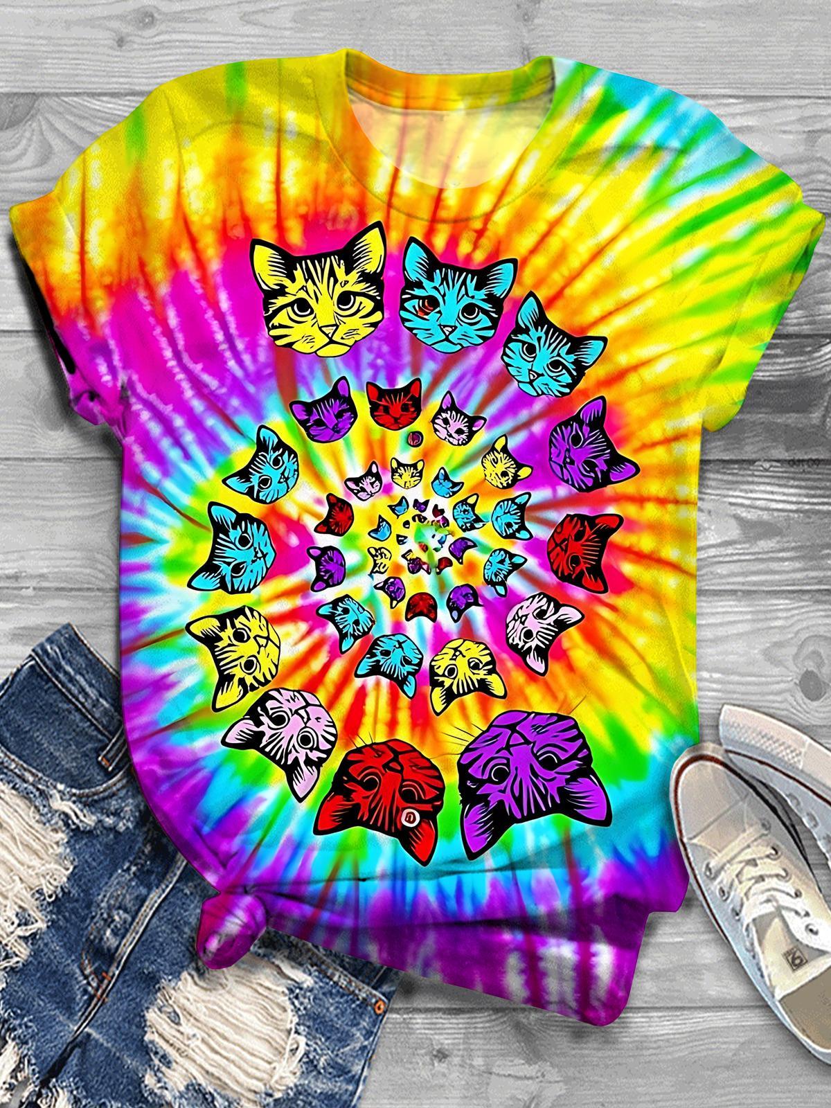 Cat Tie Dye Print Women's Short Sleeve Crew Neck T-shirt