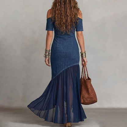 Womens Denim Dress Cold Shoulder Sheer Ruffle Long Jean Denim Summer Flowy Summer Sundresses for Daily Wear like-minded