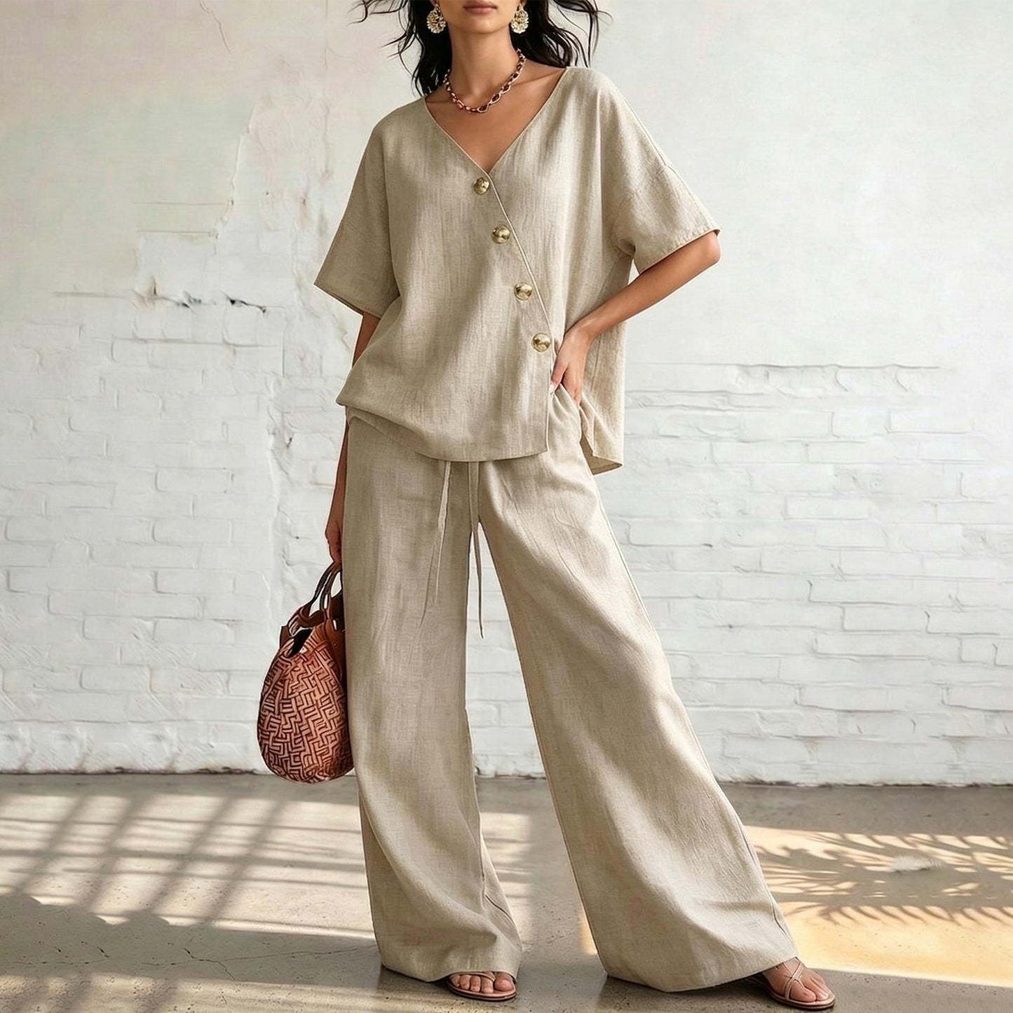 ⏰🔥LIMITED TIME 50% OFF! 💖 Women's Cozy & Elegant Metal Buttons Cotton-Linen Two-Piece Set