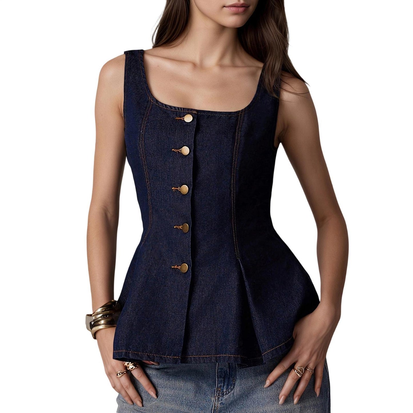 Women Denim Vest Open Back Button Front Denim Tank Top Sleeveless Ruffle Jean Vest for Travel Everyday Wear successful