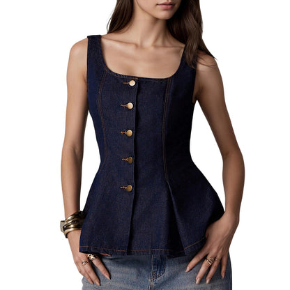 Women Denim Vest Open Back Button Front Denim Tank Top Sleeveless Ruffle Jean Vest for Travel Everyday Wear successful