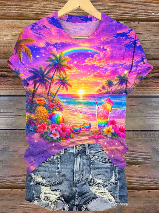 Women's Rainbow Beach Sunset Round Neck Short Sleeve T-shirt