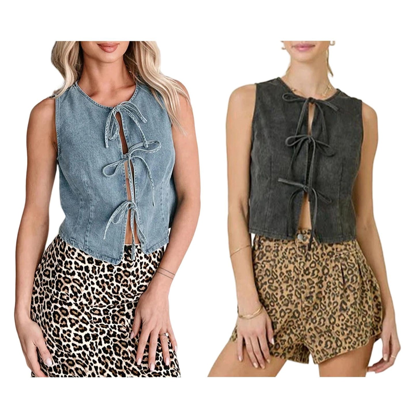 Tie Front Denim Vest Crew Neck Trendy Denim Vest Crop Sleeveless Tie Up Front Jean Top for Vacation Daily positive