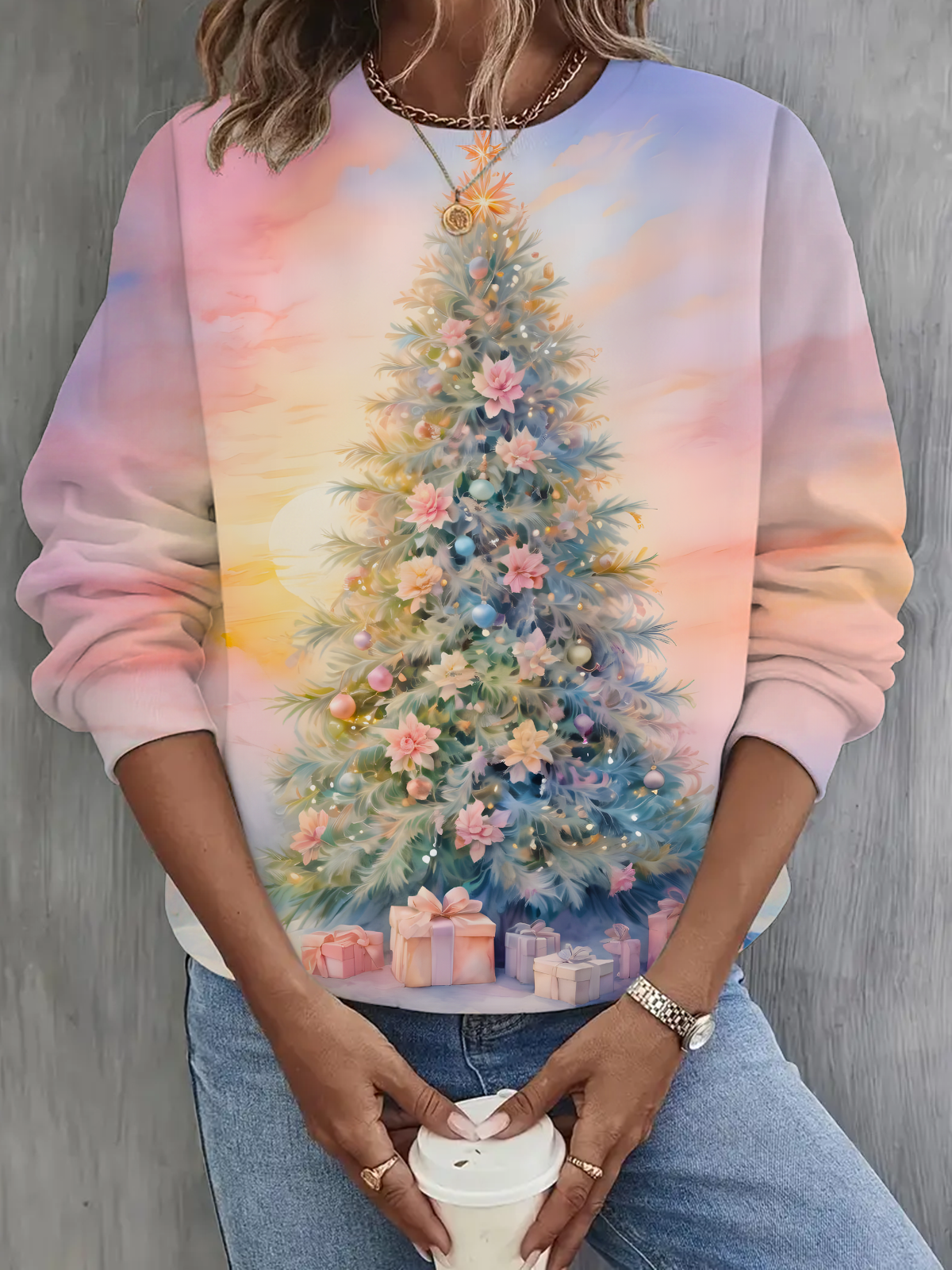 Merry Christmas Tree Printed Long Sleeve Casual Top