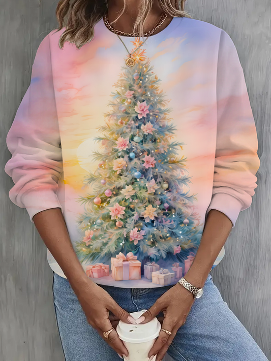 Merry Christmas Tree Printed Long Sleeve Casual Top