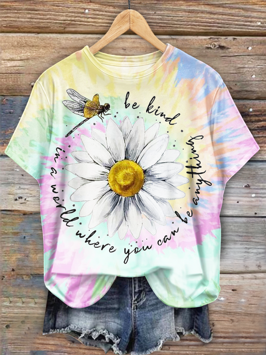 Whisper Words of Wisdom Let It Be Kind Daisy Dragonfly Art Crew Neck T-shirt