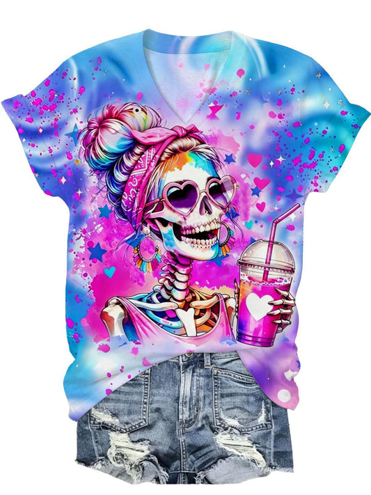 Skull Tie Dye Women Short Sleeve V Neck T-Shirt