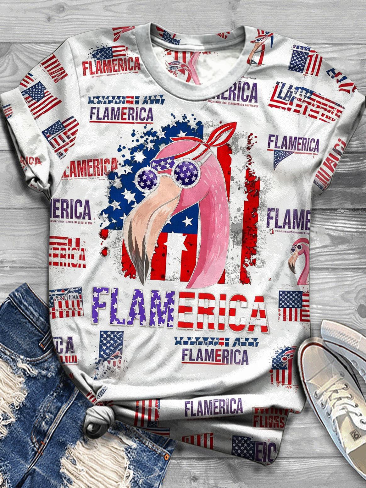 Women's Flamerica Patriotic Flamingo Round Neck Short Sleeve T-shirt