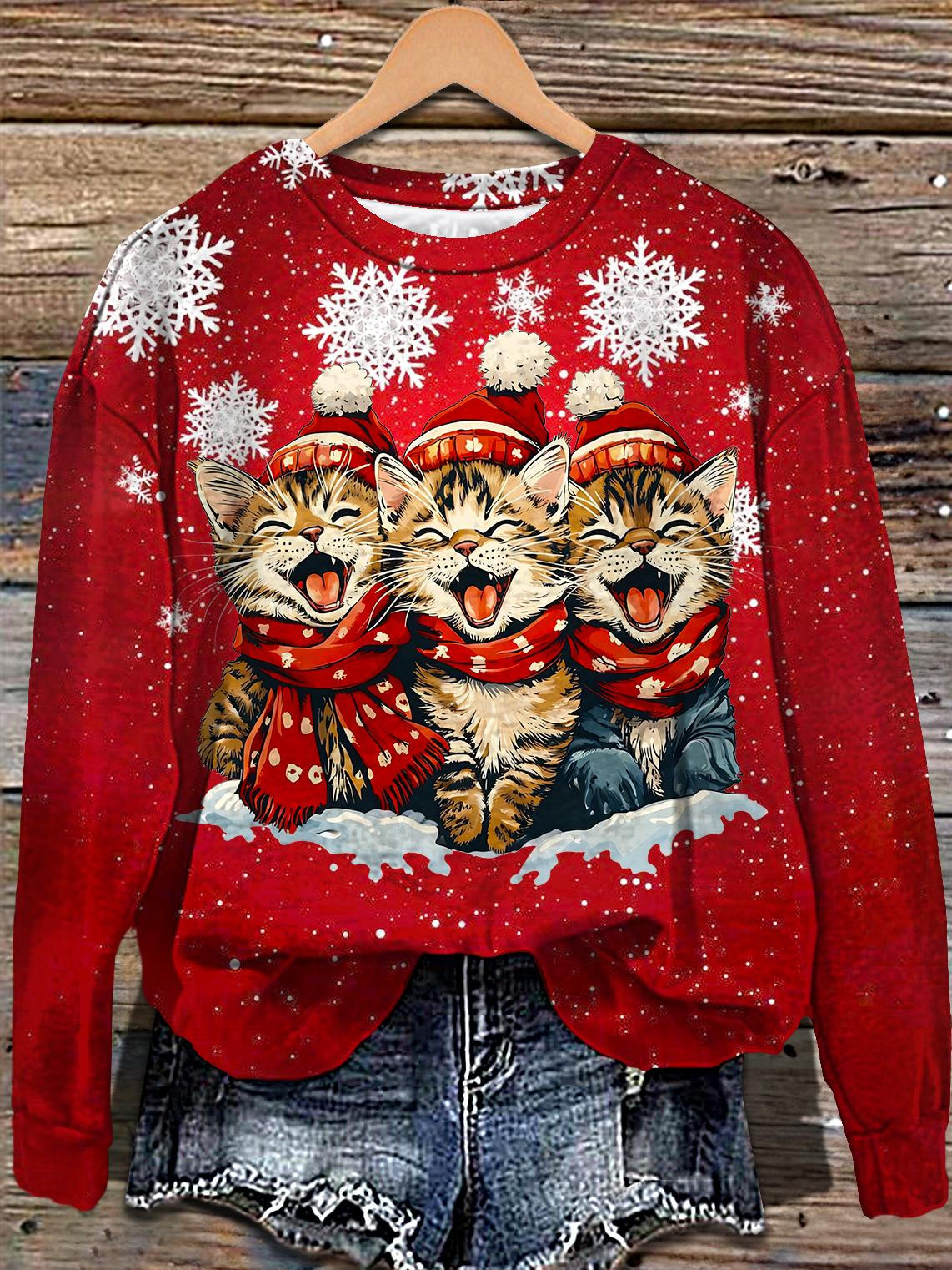 Christmas Cute Cat Printed Long Sleeve Casual Top