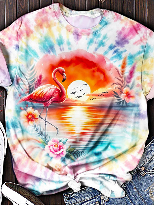 Sunset Flamingo Tie-Dye Women's Round-Neck Short-Sleeve T-Shirt
