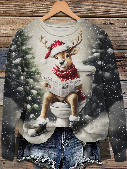 Reindeer On The Toilet Printed Long Sleeve Casual Top