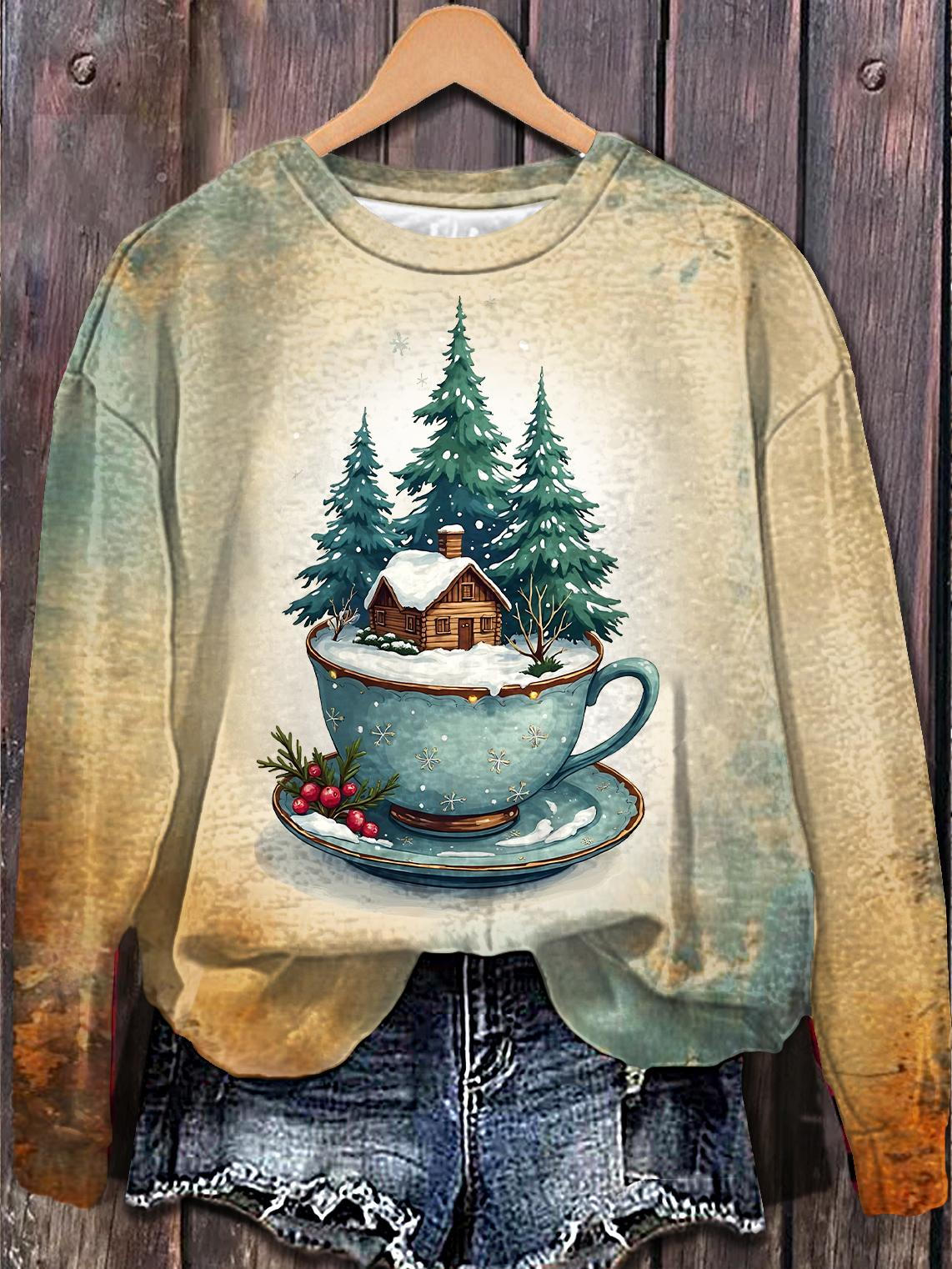 Retro Christmas Cup Printed Long Sleeve Casual Top