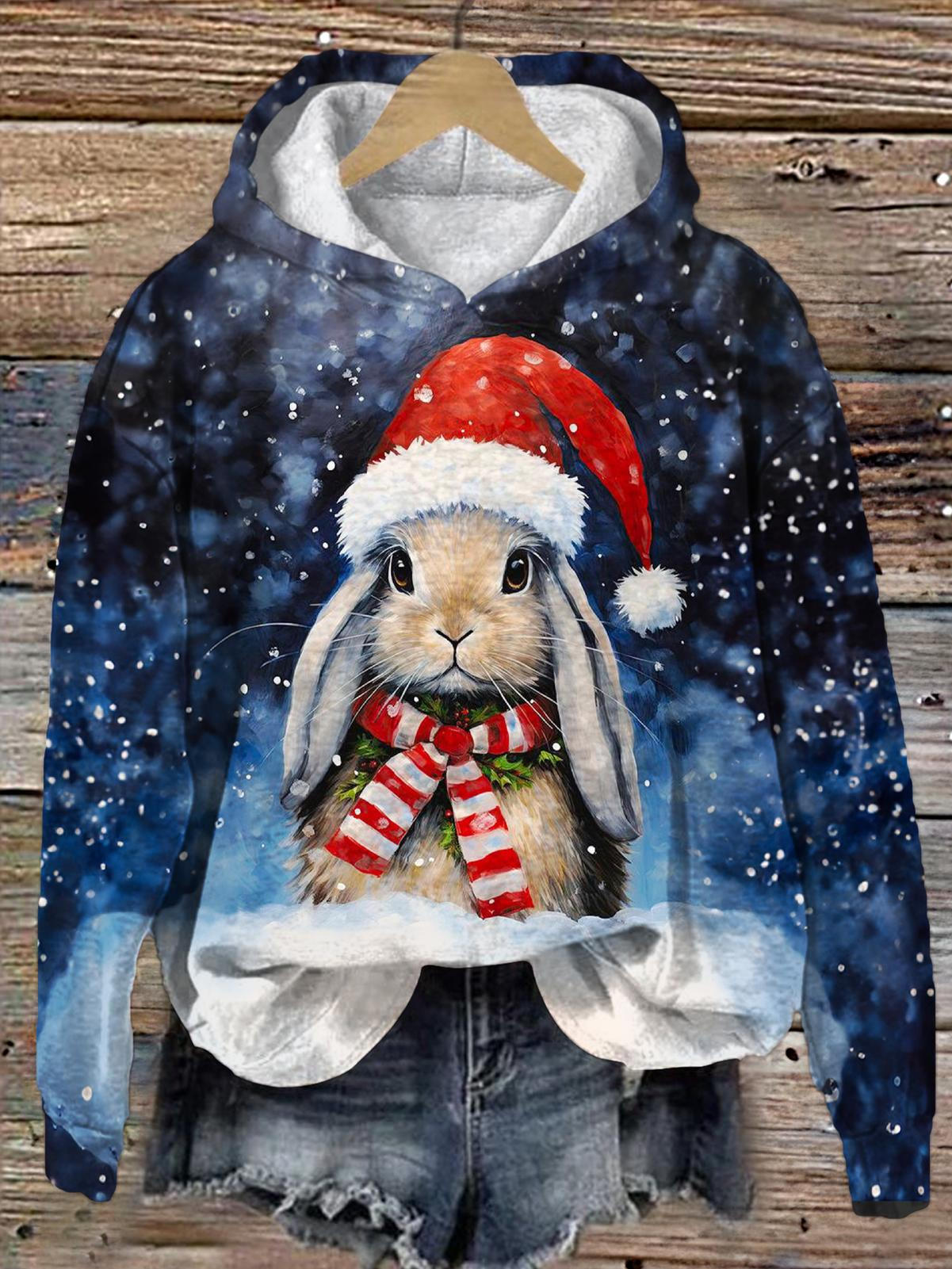 Retro Christmas Bunny Long Sleeve Printed Hoodie