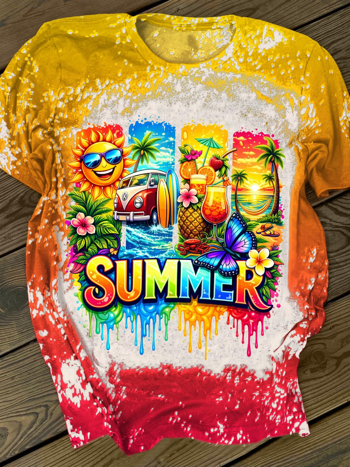 Women's Summer Theme Tie-dye Round Neck Short-Sleeved T-shirt