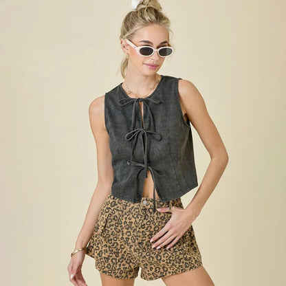 Tie Front Denim Vest Crew Neck Trendy Denim Vest Crop Sleeveless Tie Up Front Jean Top for Vacation Daily positive