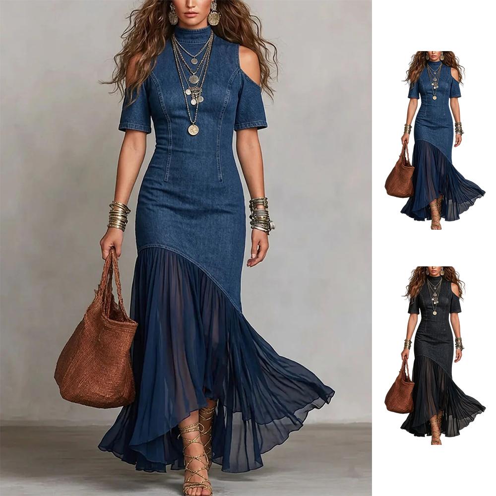 Womens Denim Dress Cold Shoulder Sheer Ruffle Long Jean Denim Summer Flowy Summer Sundresses for Daily Wear like-minded
