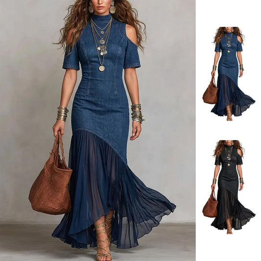Womens Denim Dress Cold Shoulder Sheer Ruffle Long Jean Denim Summer Flowy Summer Sundresses for Daily Wear like-minded