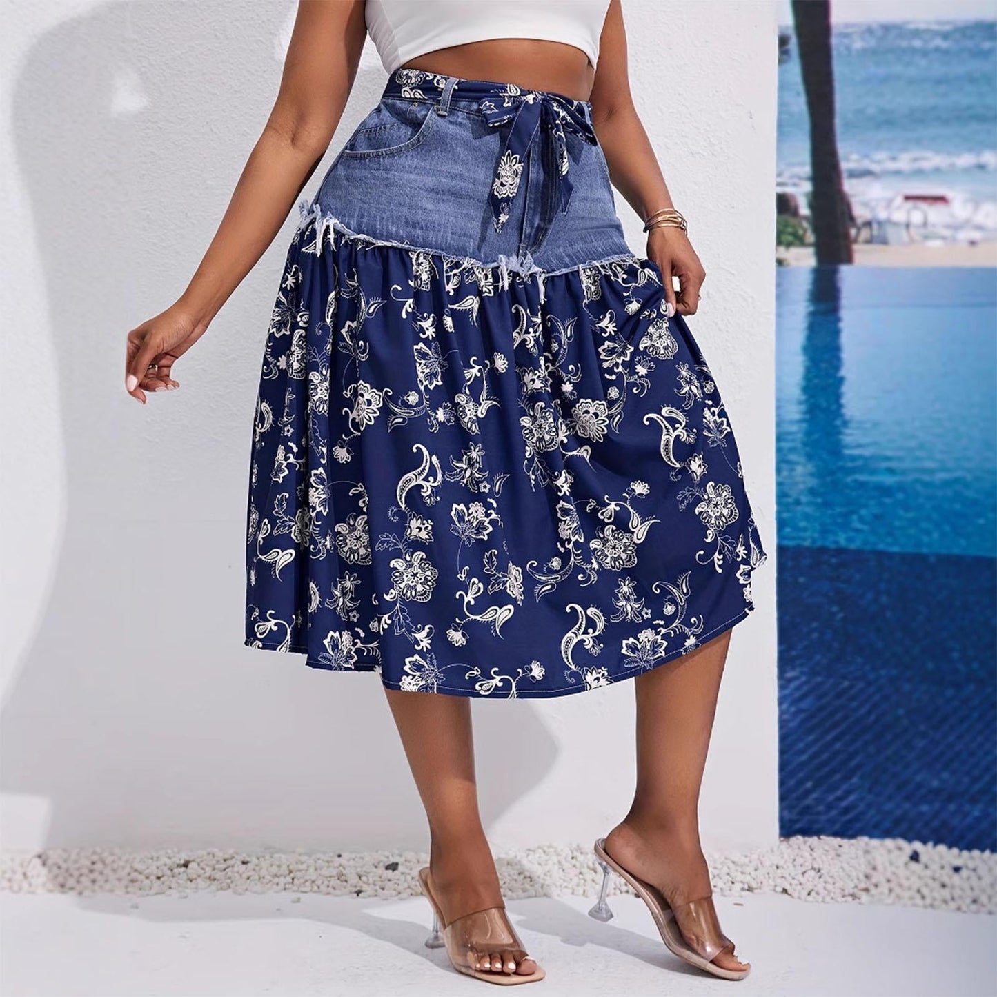 Midi Denim Skirt Floral Print High Waisted A Line Denim Chiffon Splicing Flowy Skirt for Dating Vacation beautifully