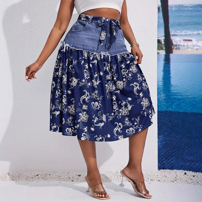 Midi Denim Skirt Floral Print High Waisted A Line Denim Chiffon Splicing Flowy Skirt for Dating Vacation beautifully