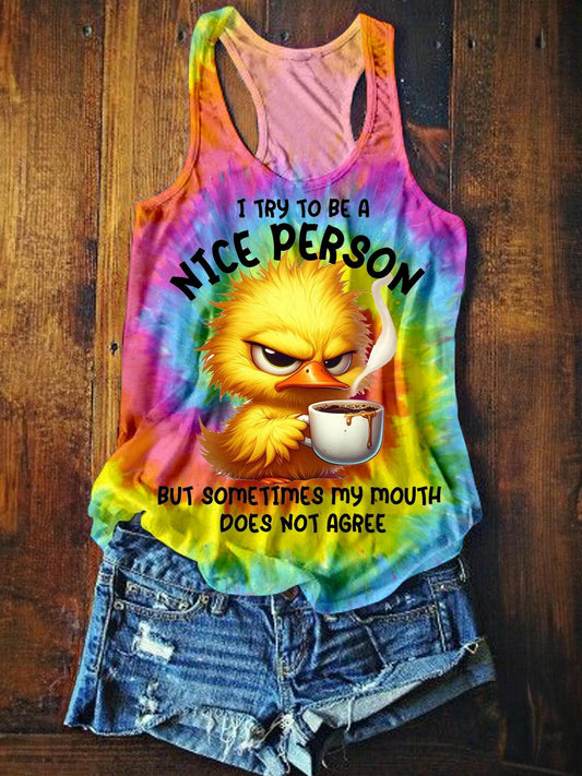 Funny Duck I Try to Be A Nice Person Printed Casual Tank Top