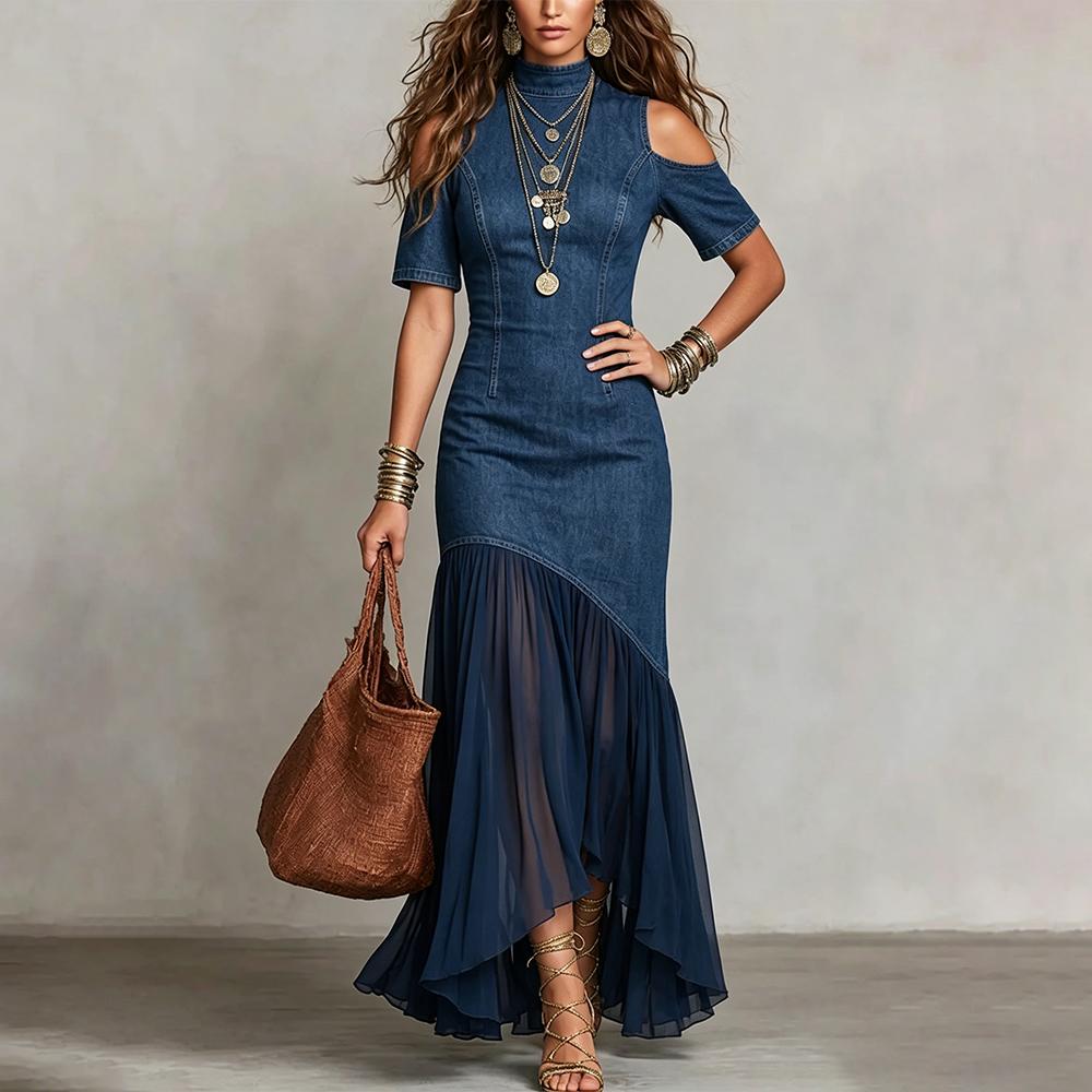 Womens Denim Dress Cold Shoulder Sheer Ruffle Long Jean Denim Summer Flowy Summer Sundresses for Daily Wear like-minded