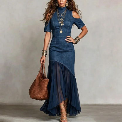 Womens Denim Dress Cold Shoulder Sheer Ruffle Long Jean Denim Summer Flowy Summer Sundresses for Daily Wear like-minded