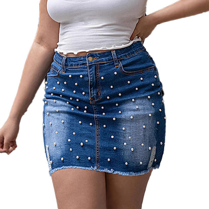 Mini Jean Skirt High Rise Beaded Frayed Hems Bodycon Mini Jean Skirt with Pockets for Vacation Daily Wear boosted