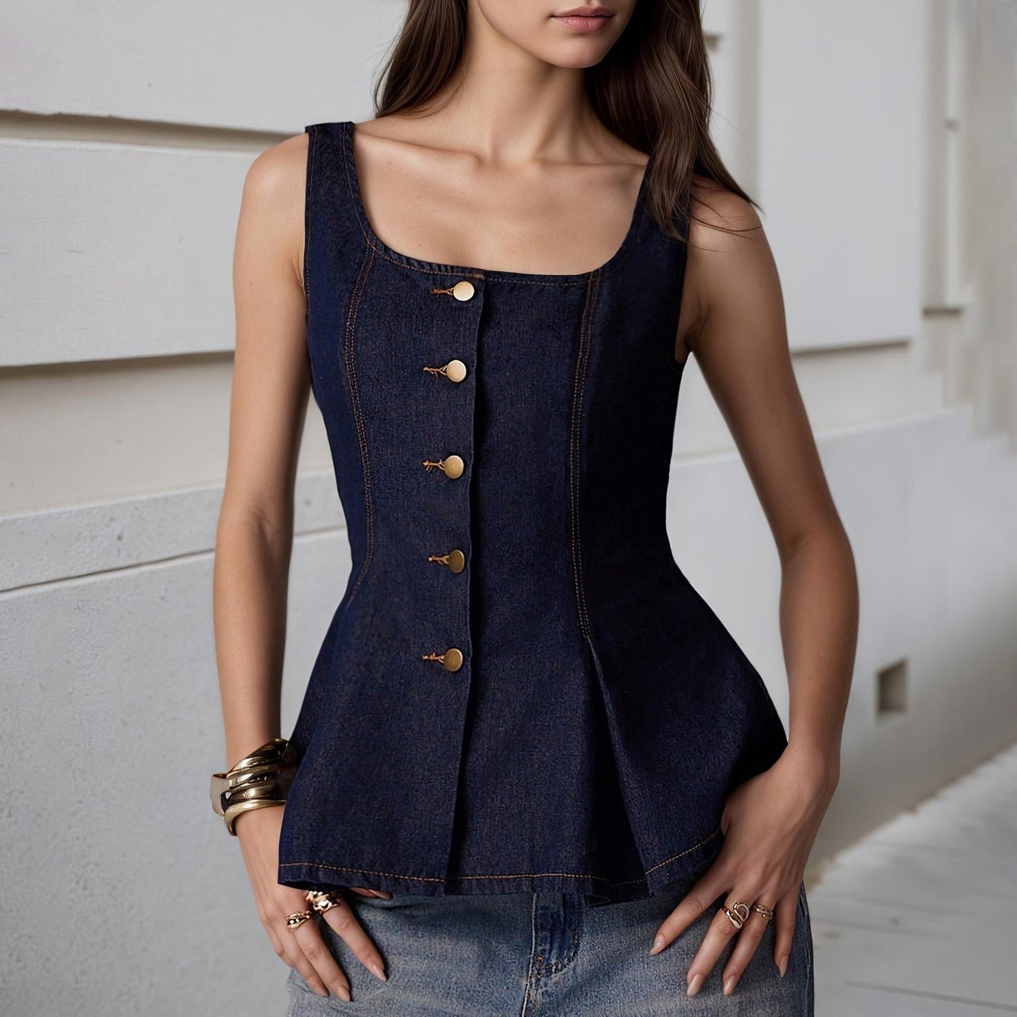 Women Denim Vest Open Back Button Front Denim Tank Top Sleeveless Ruffle Jean Vest for Travel Everyday Wear successful