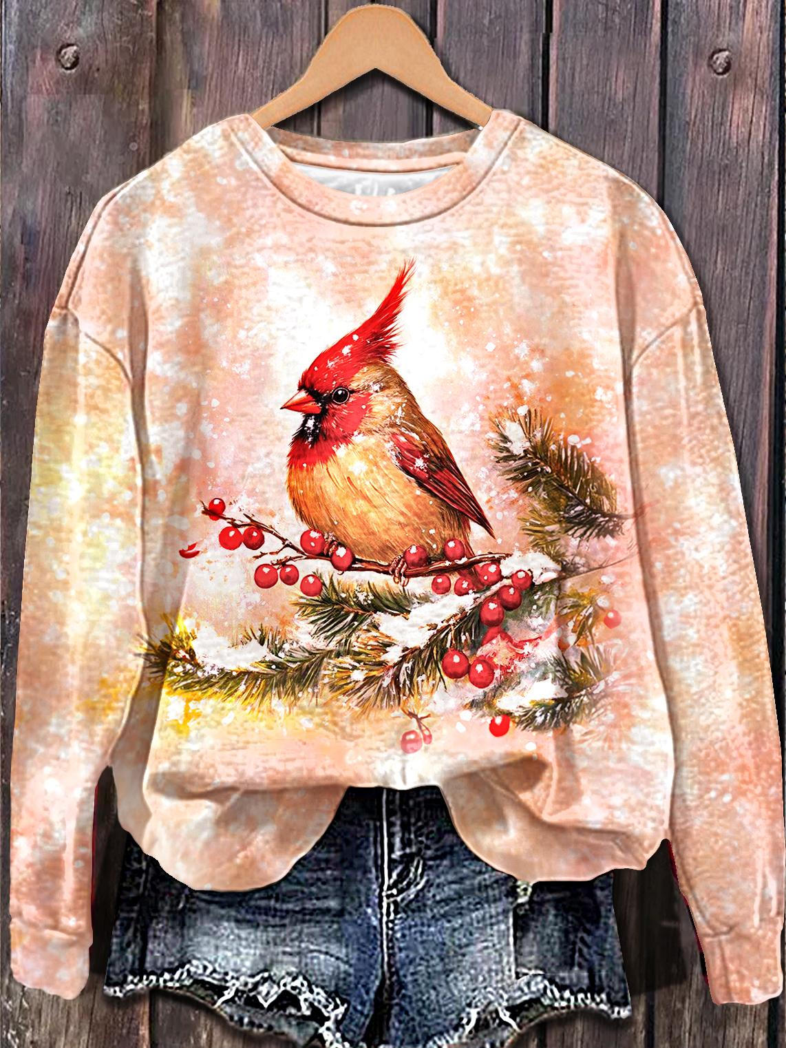 Winter Christmas Red Bird Printed Long Sleeve Casual Top