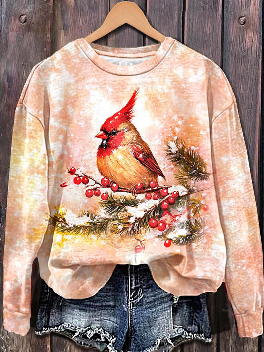 Winter Christmas Red Bird Printed Long Sleeve Casual Top