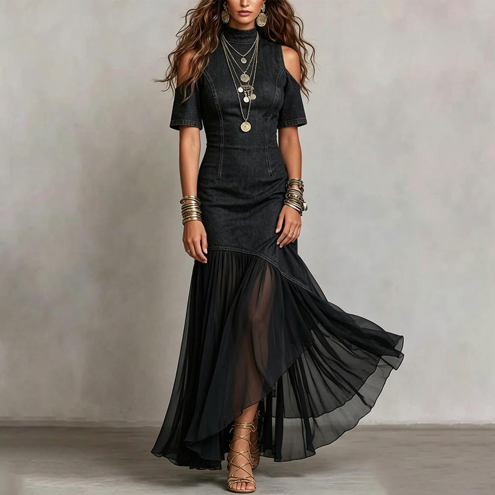 Womens Denim Dress Cold Shoulder Sheer Ruffle Long Jean Denim Summer Flowy Summer Sundresses for Daily Wear like-minded