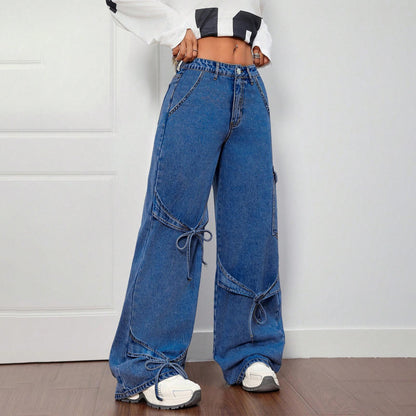 Women's Baggy Jeans Bow Tie Boyfriends Straight Leg Loose Trendy Mid Rise Denim Pants for Travel Daily Wear amiable