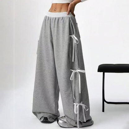 Women's Baggy Sweatpants Bow Tie Elastic Waist Casual Wide Leg Sports Pants with Pocket for Daily Running accepted