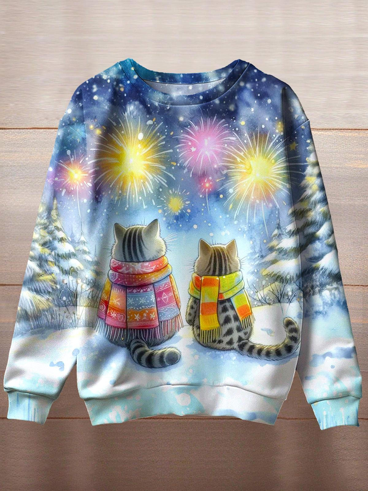 Snow Cute Cat Printed Long Sleeve Casual Top
